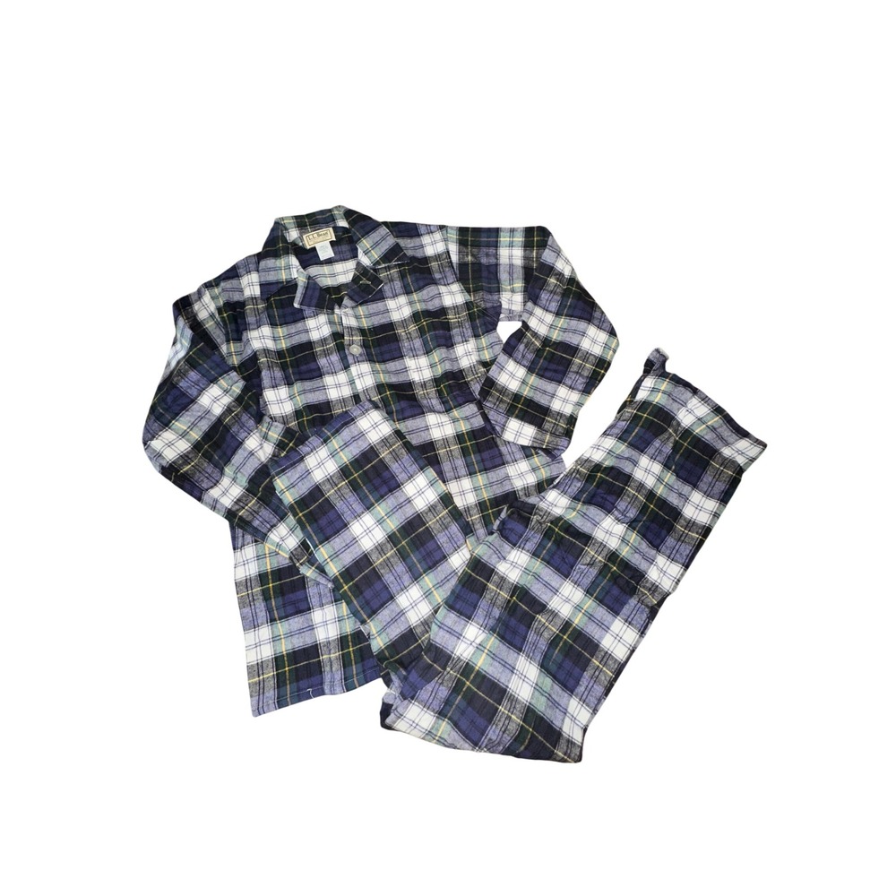 LL Bean Vintage Men Small Blue Green Plaid Flannel Pajama Set Cotton Made in USA